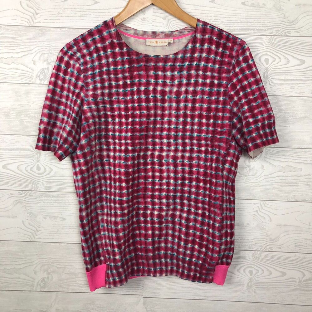 Tory Burch Women's Small Sondra Tie-Dye Short Sleeve Knit Top Cotton Blend Pink